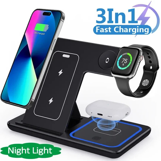 3-in-1 LED snelle draadloze oplaadstandaard opvouwbaar laadstation